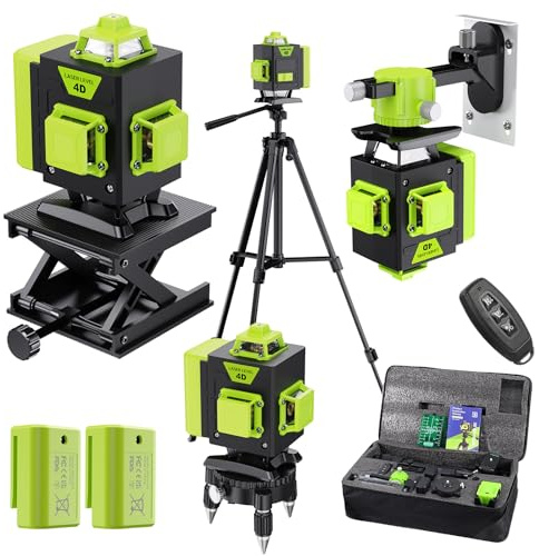 Livella Laser Autolivellante 16 Linee, 4 X 360 °Livello Laser Autolivellante Verde, 2 x Batterie, Autolivellante, Supporto Rotante, Telecomando Cabina di Rilevamento (con Treppiede)
