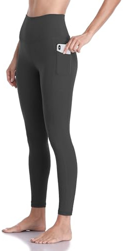 Colorfulkoala Women's High Waisted Tummy Control Workout Leggings 7/8 Length Yoga Pants with Pockets (L, Charcoal Grey)