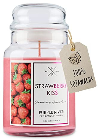 Purple River Große Duftkerze im Glas mit Deckel | Strawberry Kiss | Duftkerze Fruchtig | Kerzen lange Brenndauer | Sojawachskerze | Raumduft für Zuhause