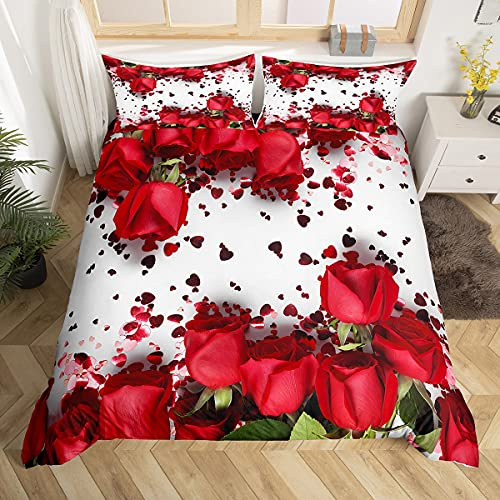 Homemissing Rose Comforter Cover Red Rose Petals Bedding Set Floral Bouquet Botanical Design Duvet Cover Romantic Flowers Microfiber Bedding & Linen Valentine's Day Couple Lover Bedclothes King Size
