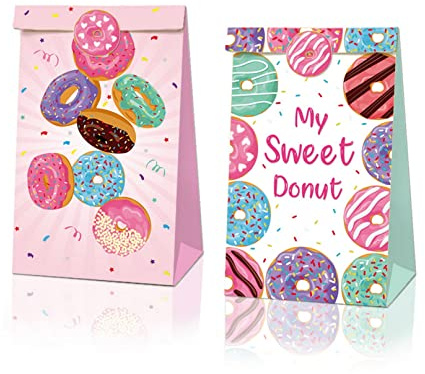 12 PCS Donut Faveur Sacs, Sacs Cadeaux De Fête De Bonbons, Sacs De Fête À Thème Donut, Sacs en papier à biscuits, sacs-cadeaux d'anniversaire, sacs-cadeaux de mariage avec autocollants
