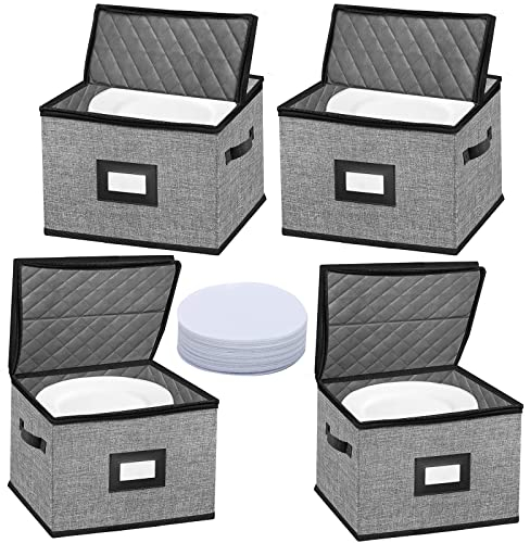 ouruer China Storage Containers-4PACK Quilted Dish Storage Containers with Lid Hard Shell for Moving Transport, Dinnerware,Stackable Plate Storage,24 Felt Plate Dividers Included,12 * 12 * 8in