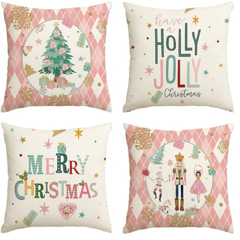 Artoid Mode Pink Diamond Plaid Nutcracker Snowflake Christmas Cushion Covers Set of 4, 45x45 cm Decorative Pillow Case Cover Sofa Living Room Decor
