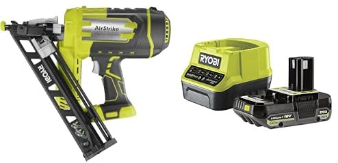 Ryobi - Cloueur de finition incliné 15G à air comprimé 18V - pointe de 25 à 64 mm - tête 1,8 mm - inclinaison 34° - chargeur 110 pointes - Livré avec 100 pointes - 1 batterie 2Ah et 1 chargeur rapide