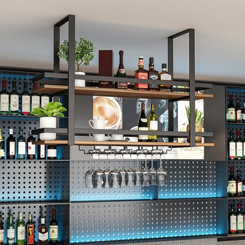 Portabottiglie sospeso al soffitto, mensole sospese in metallo a 2 strati Portabicchieri da vino montato a parete Portabottiglie decorativo sospeso con porta calici, per cucina bar caffetteria ( Size