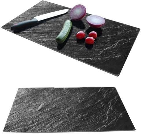 Set of 2 Glass Chopping Boards - 2pcs Universal Hob Cover Worktop Savers for Induction, Ceramic & Electric Stove - Non-Slip Tempered Glass Cutting Board - Black Slate Marble