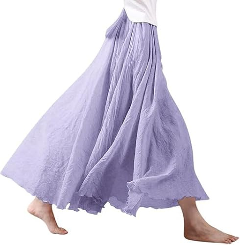 Jupes Femmes Lin Jupe Maxi Coton Lin Jupe Boho Jupe d'Été Couleur Unie Jupe Décontractée Jupe Plissée Femmes Jupe Longue, lilas, taille unique
