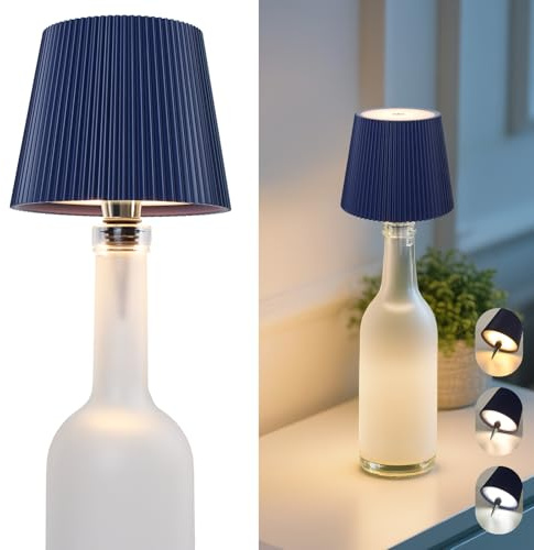 Beaeet Lampada per Bottiglia LED Blu Senza Fili, Touch Dimmerabile 3 Colori, Ricaricabile USB-C, Decorativa per Casa Terrazzo Campeggio Feste Regalo