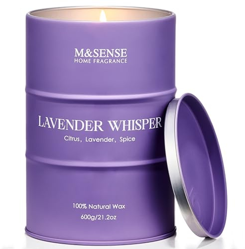M&SENSE Susurro de Lavanda Velas Aromáticas 600g, Regalo San Valentín y Navidad, Decoracion Dormitorio Relajante Anti estrés para Dormir, Vela de Aromaterapia Natural en Lata de Metal Gigante 120h