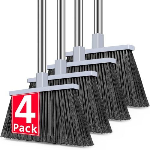 PBHEPJ Broom, 4 Pack Outdoor Broom for Floor Cleaning, 58 Long Stainless Steel Handle, Hard Bristle Angle Broom for Sweeping Indoor, Commercial, Industrial, Garage, Kitchen