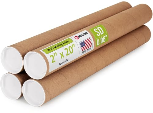 2 x 20 Reinforced Kraft Paper Mailing Tube, Pack of 4 Tubes with 8 Caps – Secure USPS Approved Poster Tube – Made in USA Cardboard Tube for Shipping and Storing Posters, Prints, Artwork