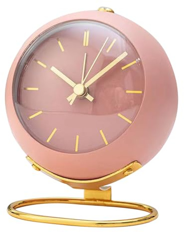 Tissting analoga väckarklockor retro bakgrundsbelysning liten rund skrivbordsklocka tyst icke-tickande metall bord klocka prydnader för vardagsrum sovrum (rosa)