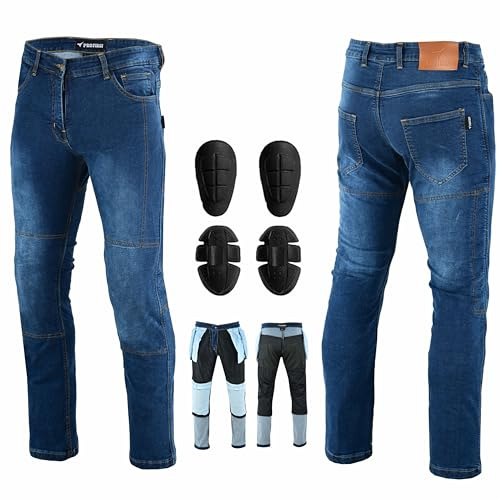 PROFIRST Motorcycle Kevlar Jeans CE Approved Motorbike Protective Pants Reinforced Denim Trousers Kevlar Lined Hip & Knee Removable Armored (UK, Waist & Inseam, 36, 32, Regular, Regular, Blue)