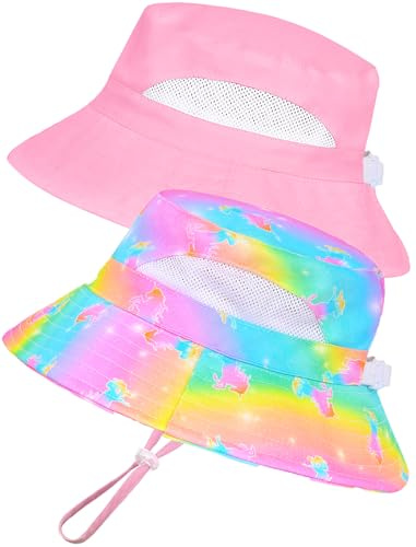 2pcs Baby Sun Hat Toddler Girls Bucket Hat for Kids UPF 50+ Sun Protective Child Summer Beach Hats Rainbow Unicorn Fishing Hat for Girls 3-8 Years