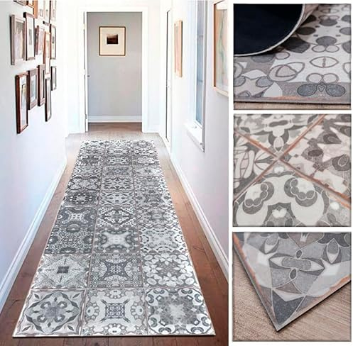 Alfombra de Vinilo hidrúlica con diseño Floral Vintage en Gris Envejecido y Blanco para Cocina, lavaderos, Pasillo, Aseo, dormitorios con revés PVC Antideslizante, 60x120cm.