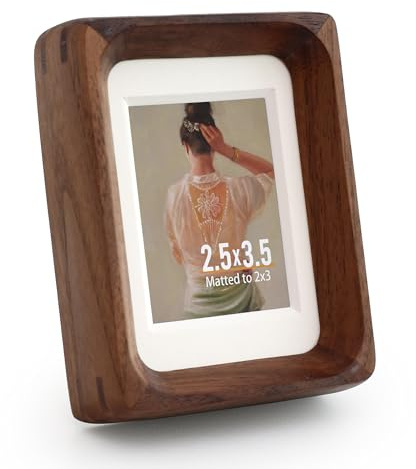 Zelvix Wooden Picture Frames, 2.5x3.5 Small Polaroid Picture Frame Matted to 2x3 with Plexiglass, Walnut Solid Natural Wood Tiny Photo Frame, For TableTop and Wall Mounting