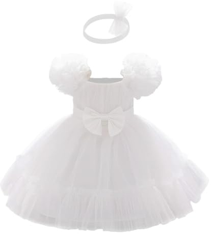 Lito Angels Robe Princesse Bebe Fille Deguisement Ceremonie Tulle avec Bandeau pour Mariage Anniversaire Fete Bapteme Communion Dedication Shooting Photo, Taille 104, 3 Ans, Blanc