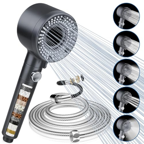 Shower Head Powerful Flow with 5 Spray Modes & Stainless Steel Hose 2M, High Pressure Shower Heads with Massage, Shower Head High Pressure Bathroom Accessory Set Water Saving 40%