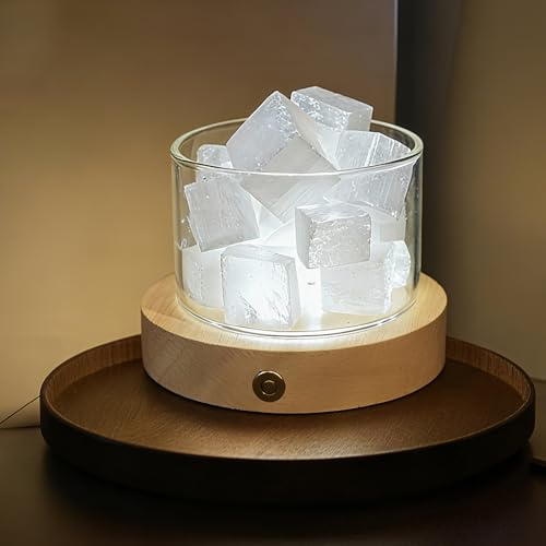 Lamptobe Lampe Sélénite Pierres Thérapeutiques sur Base Bois Cadeau Reiki Femme pour Méditation Yoga Chakra Purification Énergétique des Chakras Veilleuse Décoration Bureau Maison