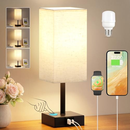 PreeOtti Touch Bedside Lamps, Bedside Table Lamp with USB A+C Charging Port | Touch Lamps Bedside for Bedroom/Living Room/Study Room/Office, 3-Way Dimmable Reading Light, Black Base(LED Bulb Included)