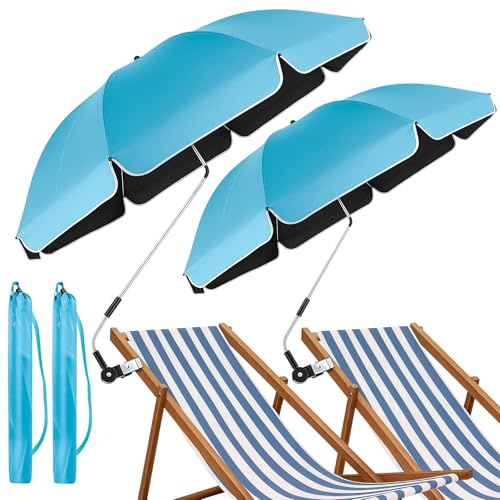 panthem Pack de 2 sombrillas de playa para silla con sujetador, UPF 50+ ajustable en 360°, sombrilla compacta de playa para silla de playa, tumbona, silla de camping, silla de ruedas, cochecito, viaje