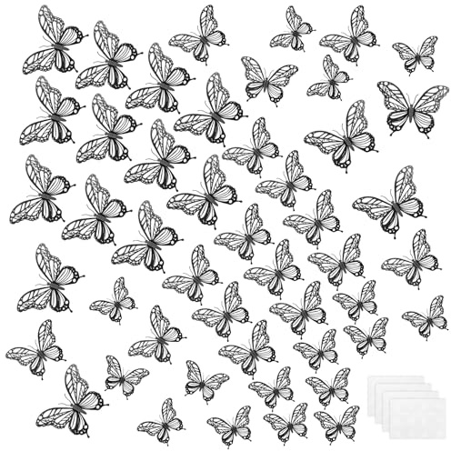 M METERXITY 48 Pack Butterfly Wall Decor, Hollow 3D Butterflies Stickers Wall Art, Removable Stickers Decor for Christmas Birthday Wedding Party [Black, 3 Size]