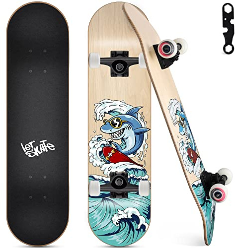 Skateboards for Beginners, 31x8 Complete Skateboard for Kids Teens & Adults, 7 Layer Canadian Maple Wood Double Kick Deck Concave Standard and Tricks Skateboard with All-in-1 Skate Tool