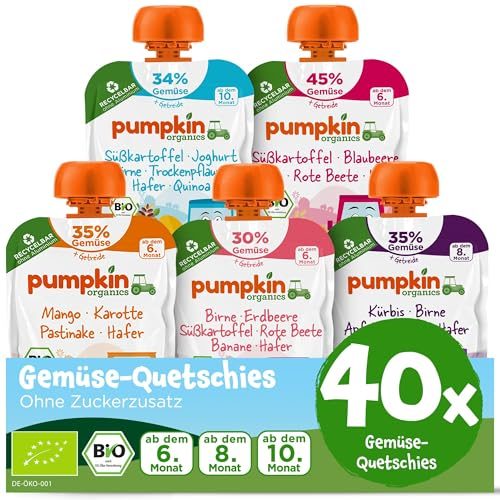 Pumpkin Organics 40er Pack QUERBEET Bio Gemüse-Quetschies - Quetschie ohne Zuckerzusatz¹ - Babynahrung für Babys ab dem 10. Monat - Bestsellerpaket (40x100g)