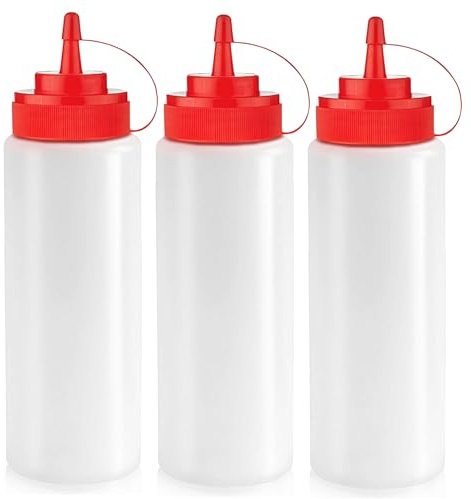 Norcalway 12 oz Condiment Squeeze Bottles for Sauces - Leak Proof Oil, Syrup, Dressing Squirt Bottles - 3 Pack