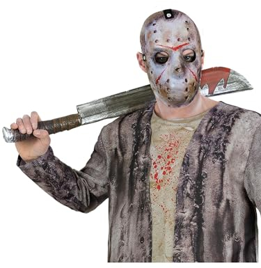 Smiffys Friday the 13th Jason Voorhees Machete and Mask Kit for Adults, Grey and Red, Signature Hockey Mask and Blood-Detail Machete, Officially Licensed, Ideal for Groups, Students, and Themed Events