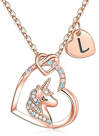 TINGN Collar de Unicornio Regalo para Niñas, Chapado en Oro Rosa de 14 Quilates con Inicial L Colgante Unicornio Niña Cadena de Letras de Unicornio Regalos para Niñas Regalos para Mujer Joyas Niña