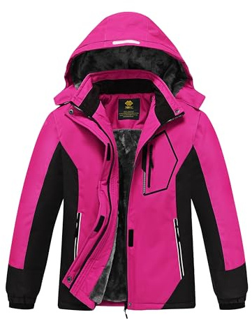 MoFiz Girls Ski Jacket Waterproof Fleece Lined Snowboard Jacket Warm Winter Coats with Removable Hood Rose Red M
