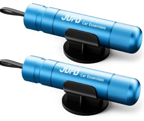 JUFO Pro Safe 2x Car Safety Hammer, Window Breaker & Belt Cutter, Blue/Blue | A compact 2-in-1 car safety set combining spring-loaded glass breakers and concealed belt cutters for emergency escape.