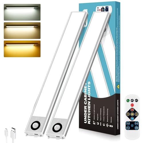 Under Cabinet Kitchen Lights,2Pack 72LEDs Magnetic Wardrobe Lights Motion Sensor,3 Color Temps Dimming,3000mAh Type-C Rechargeable,Cupboard Night Lights with Remote for Kitchen,Bedroom,Hallway