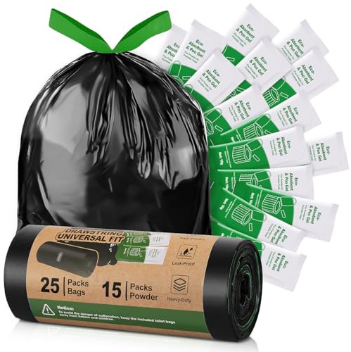 Liuwat Juego de bolsas de inodoro Poo Gel, 25 bolsas con cordón + 15 bolsas de gel de caca para inodoro portátil de campamento, bolsas de basura compostables de 8 galones para cubo de 5 galones,