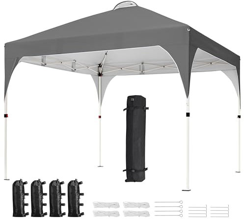 Yaheetech Pop Up Gazebo, 3x3m Instant Foldinng Shelter with Wheeled Bag, 4 Sandbags, 4 Ropes, 12 Stakes, Metal Frame, Adjustable Height, Top Air Vent, Dark Grey