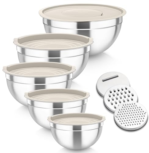 Homikit Mixing Bowls Set of 5, Stainless Steel Salad Bowls with Airtight Lids & 3 Grates, Metal Nesting Bowls for Mixing/Baking/Serving/Storing, Easy Clean - 0.7/1/1.5/2.6/4.6L (Khaki)