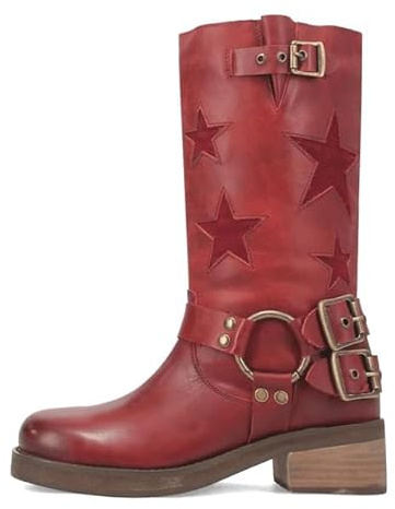 KISTANIA Riding Boots for Women Red Star Embroidered Western Cowgirl Mid Calf Knee High Square Toe Low Block Heel Pull-On Leather Fashion Buckles Motocycle Biker Boots Size 8