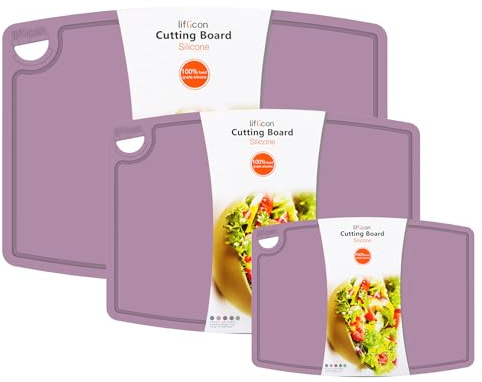 Liflicon Silicone Thick Cutting Boards Mats Set of 3 Foldable & Flexible Design Juice Grooves Easy Grip Handle Dishwasher Safe for Kitchen,BPA free Silicone Cutting Board-Plum Purple