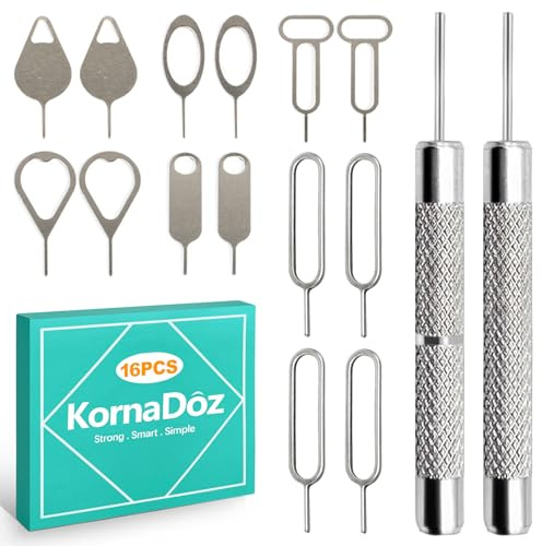 KornaDoz 16 Piece SIM Card Removal Tool Set, Stainless Steel Ejector Pins & Keys, Universal SIM Tray Eject & SD Card Tool Compatible with iPhone, All Smartphones & Tablets, Essential Portable Tech Kit