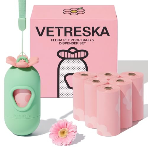 VETRESKA Dog Poo Bags with Dispenser - 105 Leak Proof & Flora Scented Pet Waste Bags Refill Rolls (7 Rolls), Poop Bag for Dog Walking, Cat Litter, Puppy | Pink