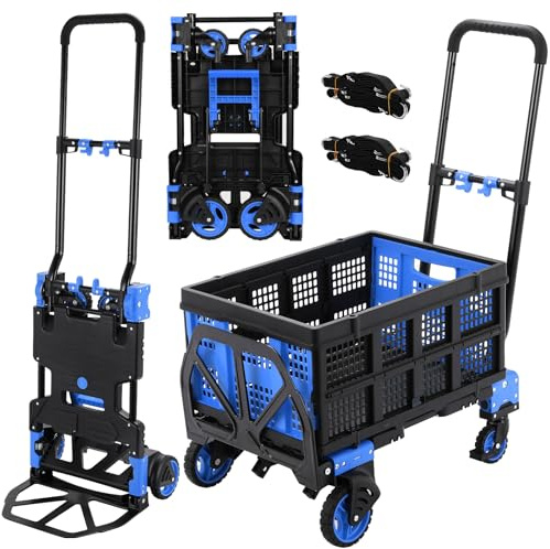 Carrello 2-in-1 con con Grande Scatola Pieghevole, Carrello a Piattaforma max. 150 kg, 2 Elastici con Gancio, Regolabile in Altezza a 3 Livelli, per Trasporto, Shopping, Campeggio, Trasloco (Blu)