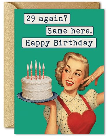 SWEETZER & ORANGE 29 Again Birthday Card – Funny Card for Women with Retro Design, Kraft Gold Envelope & Sticker – 5x7” Thick Cardstock – For Best Friend, Her or Any Timeless Wonder