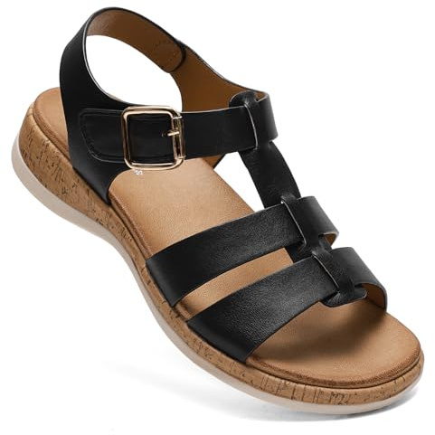 Littleplum Women's Flat Sandals– Comfortable Arch Support Womens Sandals, Summer Breathable Adjustable Orthotic Walking Shoes for Beach,Travel Black Size 9
