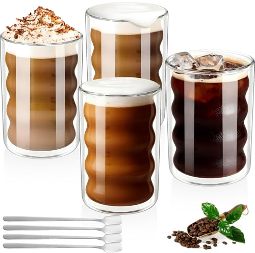 PENRUNKA 4 Piezas 350ml Tazas de Café Cristal Doble Pared Transparente con 4 Cucharas Mezcladoras, Vasos Vidrio Borosilicato para Té, Café, Leche, Latte, Capuchino, Macchiato, Espresso, Zumo Fruta