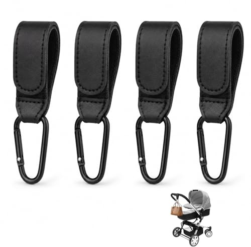 Ganchos Carro Bebé, 4 Piezas Ganchos Carrito Bebé de Piel Sintética con Mosquetón Ajustable y Antideslizante, Accesorios para Colgar Bolsas de Pañales, Mochilas y Compras en Cochecito Universal