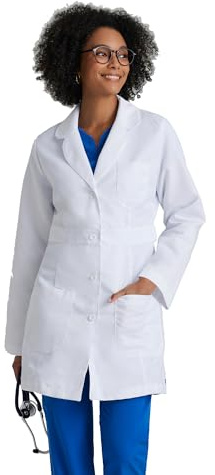 Grey’s Anatomy by BARCO Classic Lily White Lab Coat for Women – 34” 4-Pocket Scrub Coat with Natural Stretch, Soil Release Fabric Finish, Soft Touch – Small, Regular Fit