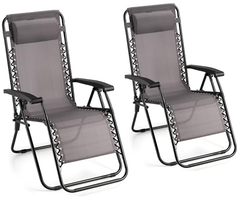 VonHaus Zero Gravity Chairs Set of 2 - Grey Reclining Sun Loungers for Garden - Textilene Folding Sunloungers with Detachable Head Pillow - Fold Away 2 Set Deck Chairs for Outdoor, Patio & Decking