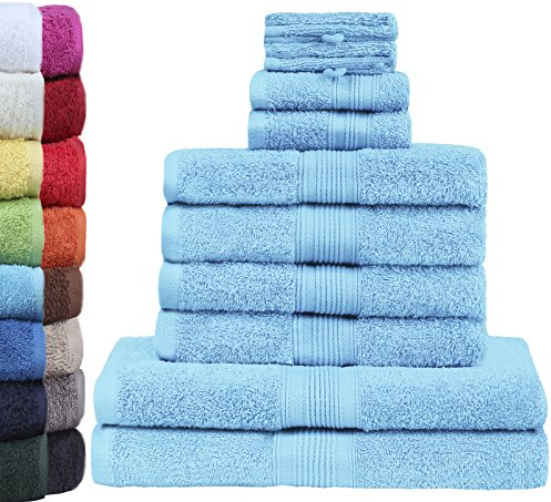 GREEN MARK Textilien 10 TLG. FROTTIER Handtuch-Set mit verschiedenen Größen 4X Handtücher, 2X Duschtücher, 2X Gästetücher, 2X Waschhandschuhe | Farbe: Hellblau | Premium Qualität