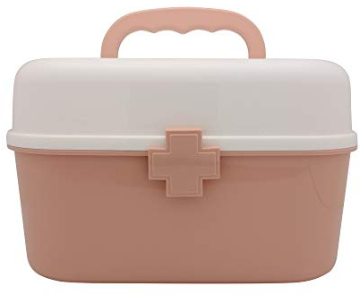 BangQiao Plastic First Aid Storage Box Container Bin with Removable Tray and Portable Handle, Family Emergency Medicine Kit Case Organizer, White&Pink